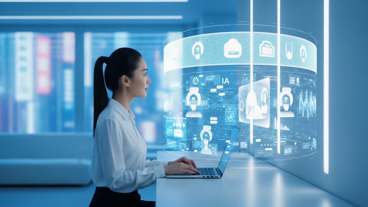 A focused woman engages with futuristic technology, analyzing digital data on her laptop, immersed in a high-tech environment showcasing holographic projections