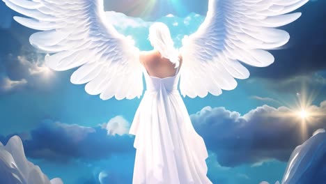 angel with large white wings soars above the clouds, gracefully spreading her wings in a serene, heavenly sky