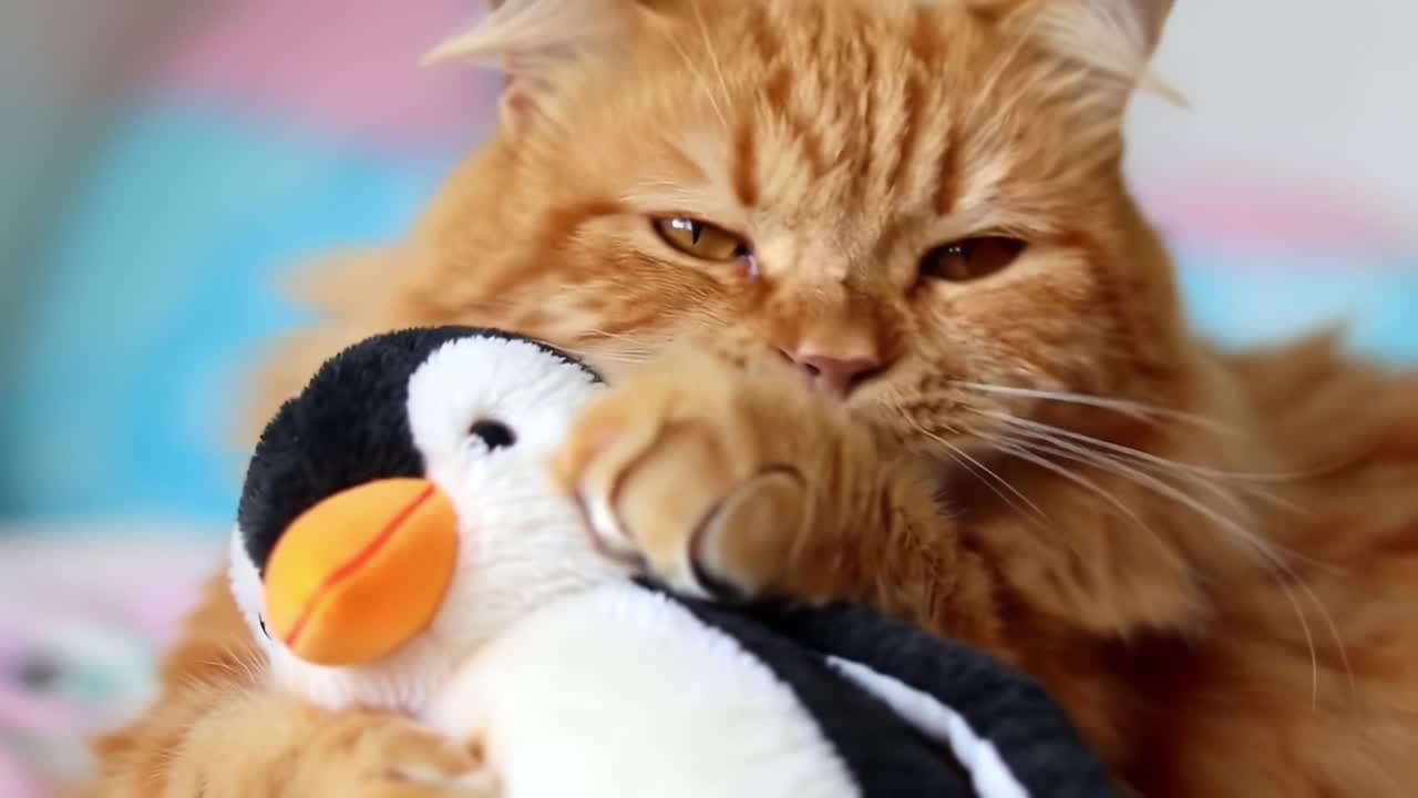 A Playful Cat Engages with Its Adorable Penguin Plush Toy, Showcasing a Captivating Moment of Feline Curiosity and Affection in a Comfortable Setting