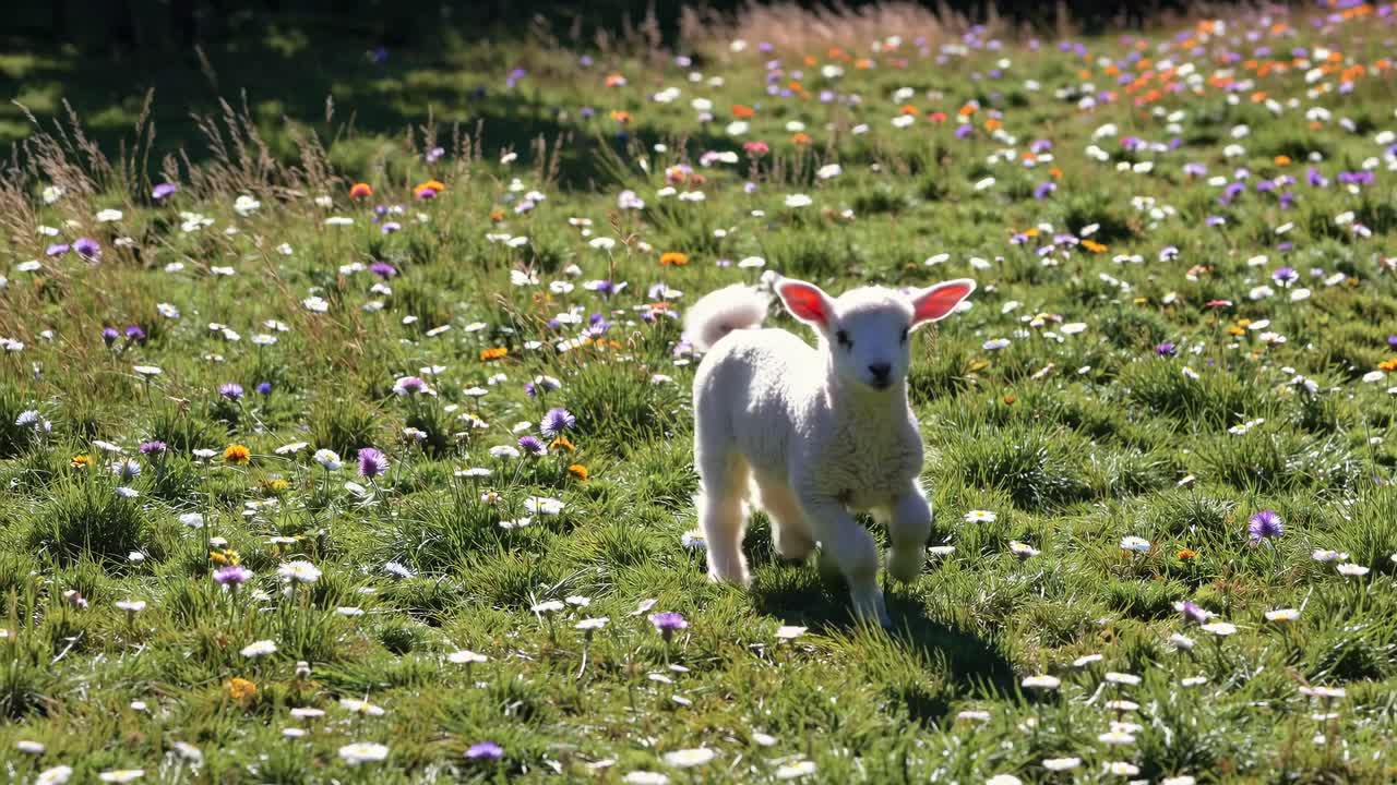 A playful lamb frolics in a flower-filled meadow, captured from a low-angle shot, creating a lively