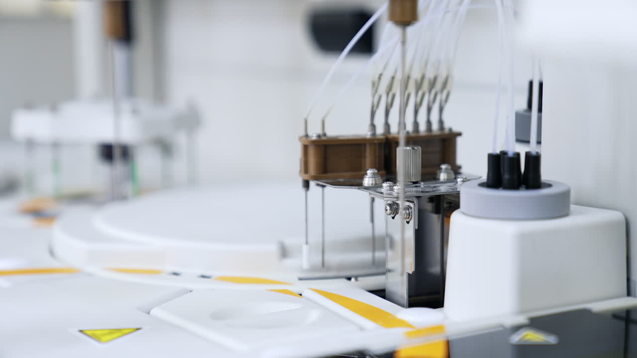 Device parts are moving going up and down. Close up. Technological equipment working in the advanced laboratory for medical testing.