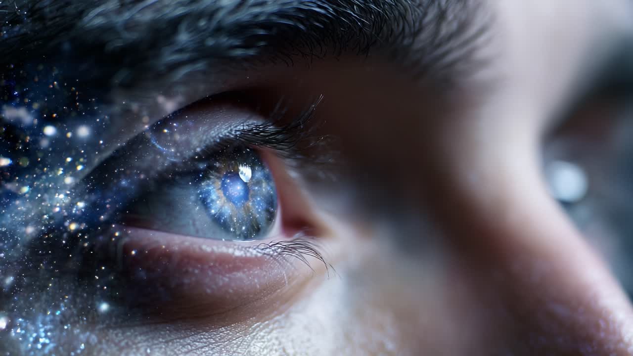An Enigmatic Gaze: A Close-Up Exploration of a Person’s Eye That Merges Cosmic Elements with Human Emotion, Creating a Stunning Blend of Reality and Imagination