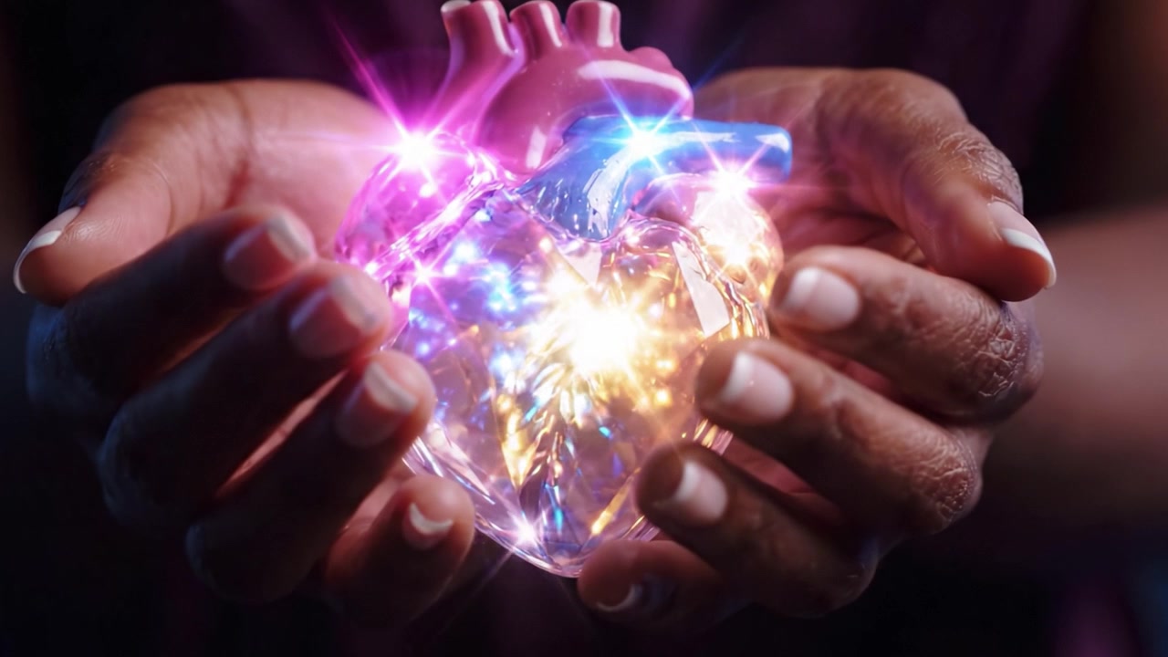 Una rappresentazione luminosa della salute del cuore tra le mani, che esemplifica la bellezza e la complessità dell'anatomia umana attraverso luce e colore accattivanti.
