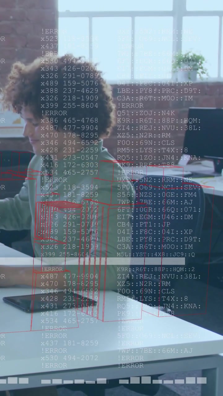 Vertical video: Man leaning reaching left, tablet spawning red HUD code overlay, debugging tech