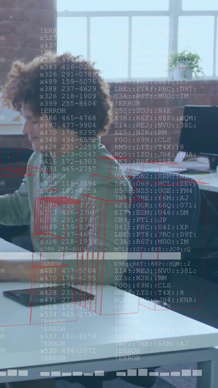 Vertical video: Man leaning reaching left, tablet spawning red HUD code overlay, debugging tech