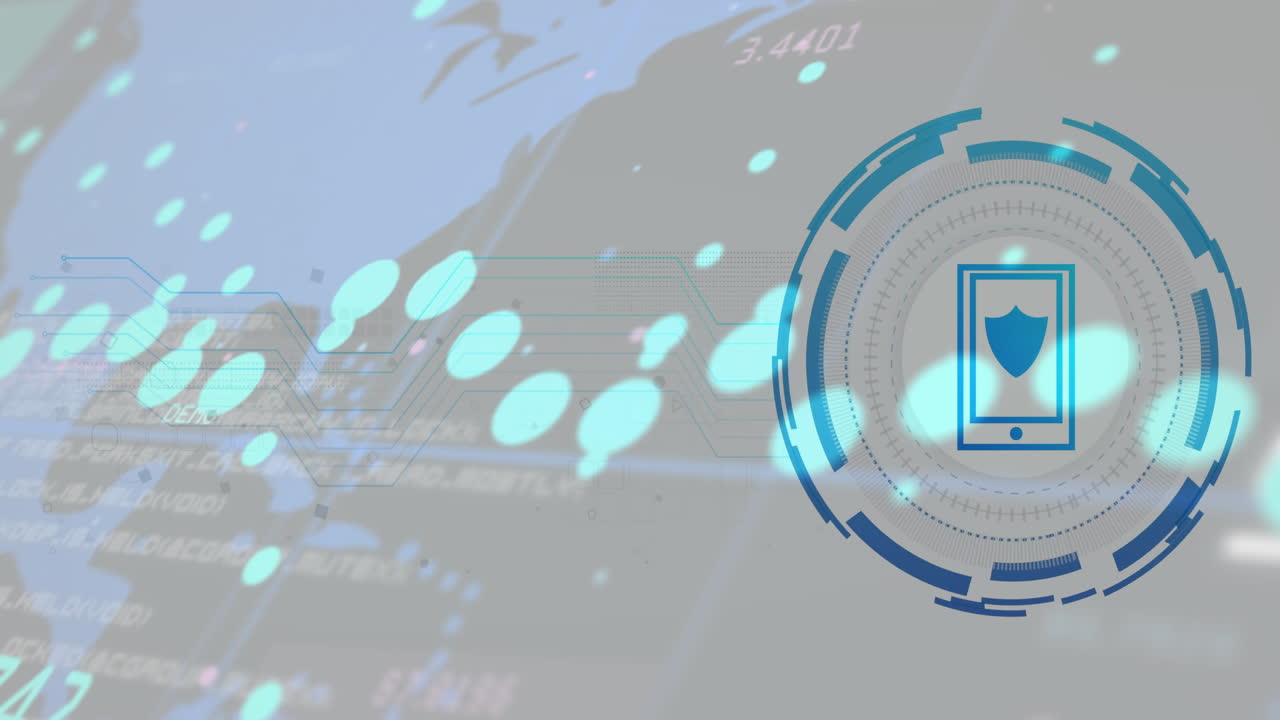디지털 지도 및 데이터 포인트에 대한 사이버 보안 방패 아이콘 애니메이션
