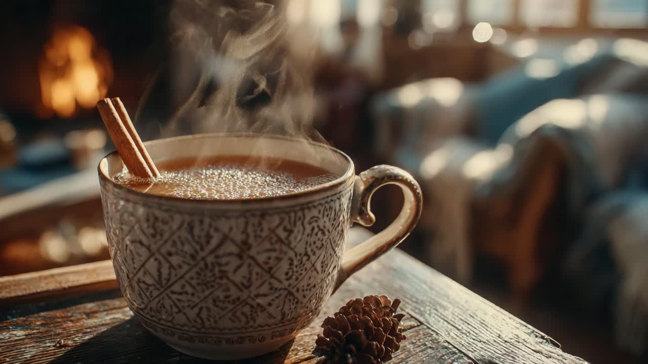 A Cozy Comfort: A Steaming Cup of Tea with Cinnamon in a Warm Living Space, Inviting Serenity and Relaxation During the Chilly Days of Winter