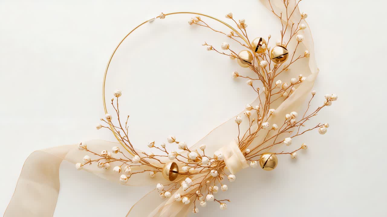 Shifting decorative gold hoop wreath on white backdrop, gentle breeze nudging ribbon and bells