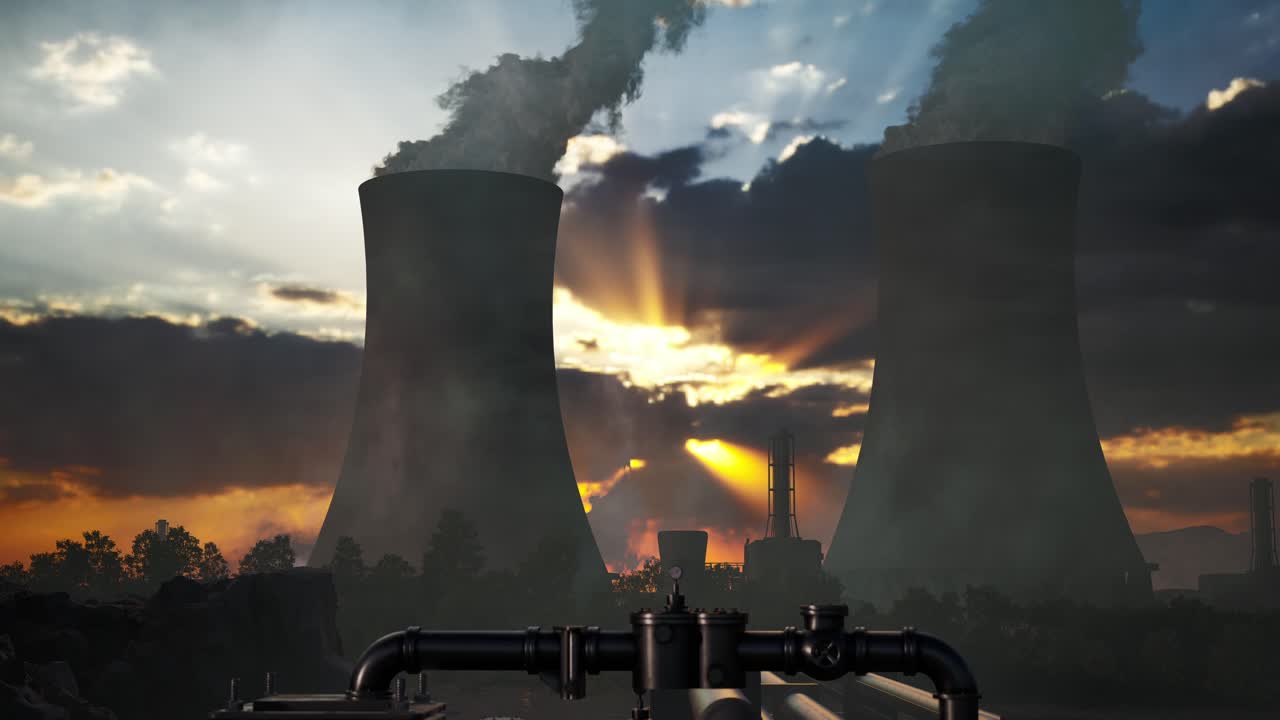 Tube With Steaming Cooling Towers Of Nuclear Power Plant