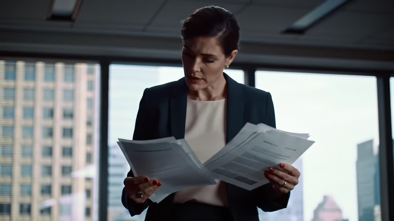A focused professional reviews important documents in a modern office space, showcasing her analytical skills and attention to detail amidst a busy urban backdrop