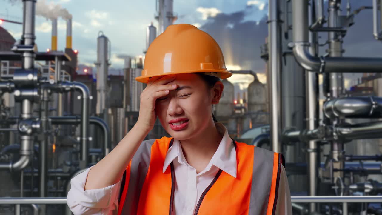 Close Up Of Asian Female Engineer With Safety Helmet Having A Headache While Working In a Refinery, Oil Processing Equipment And Machinery