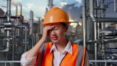 close up of asian female engineer with safety helmet having a headache while working in a refinery, oil processing equipment and machinery