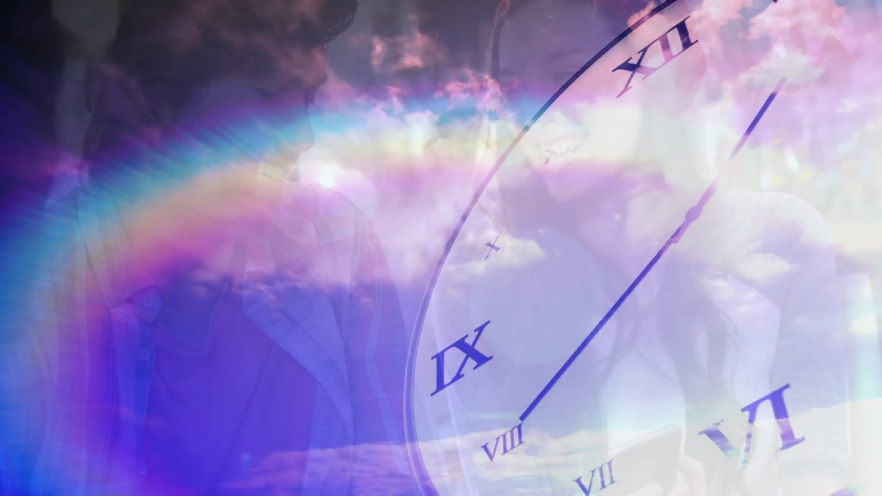 Time progression driving clock face advancing hands over rainbow forest backdrop in technology demo