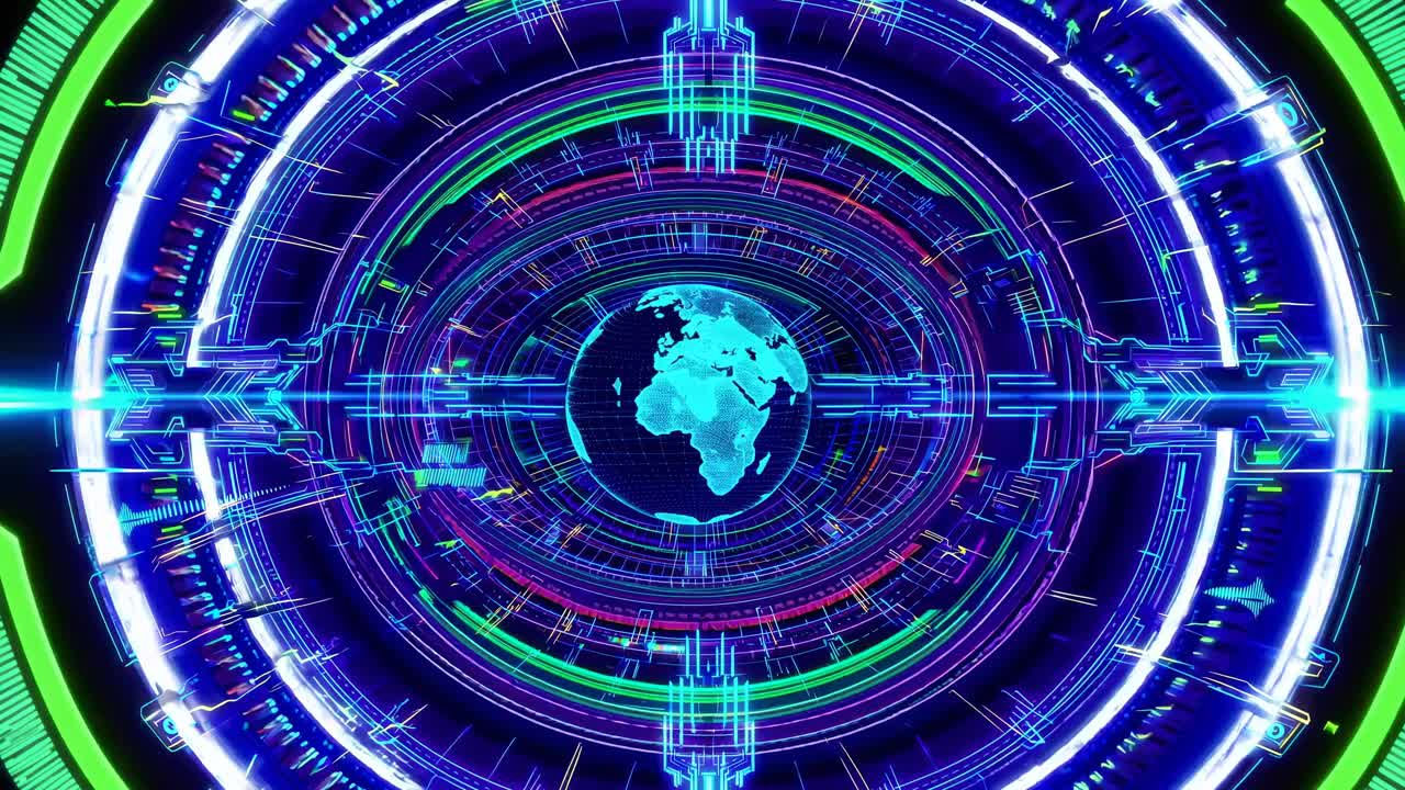 Futuristic video interface with a digital globe at the center