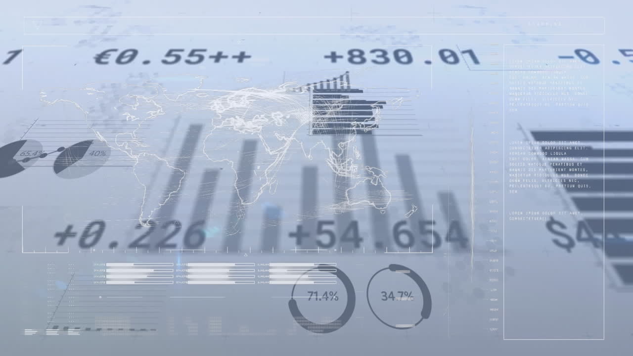 Animation of multiple graphs and currency signs with numbers over map