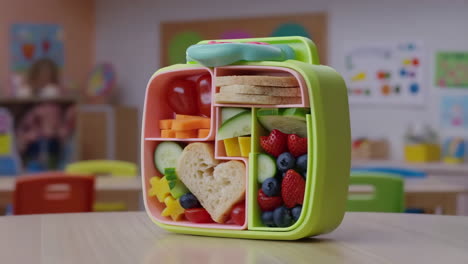 a vibrant and healthy bento box lunch filled with fruits, vegetables, and a heart-shaped sandwich, set in a classroom environment