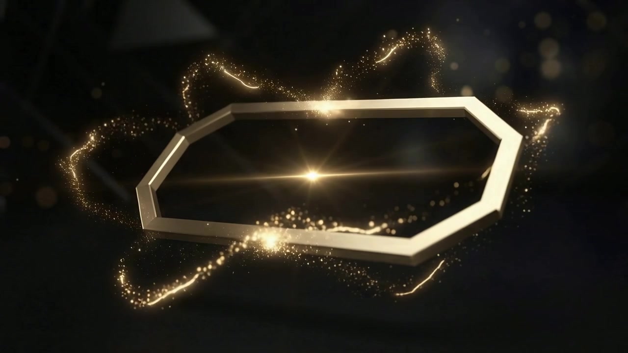 Scintillii che appaiono facendo ruotare e inclinare una cornice ottagonale dorata in studio, formando nastri