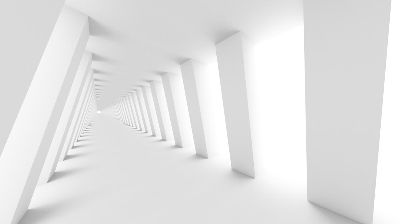 Futuristic empty white corridor with rectangular walls and bright light