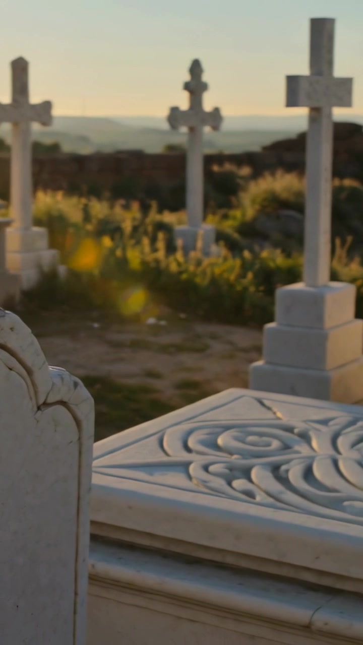 Video verticale: Telecamera che panoramica verso destra rivelando una lapide crepata e croci in un cimitero al tramonto.
