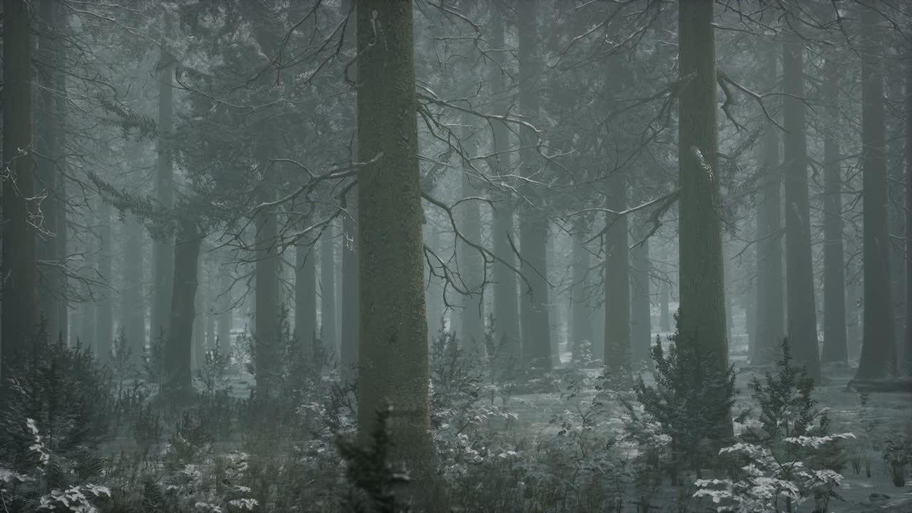 Snødekt skog på en overskyet vinterdag