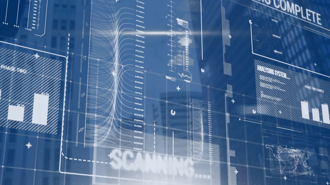 로딩 바, 지도, 그래프, 텍스트, 건물의 낮은 각도 뷰를 통해 컴퓨터 언어의 애니메이션