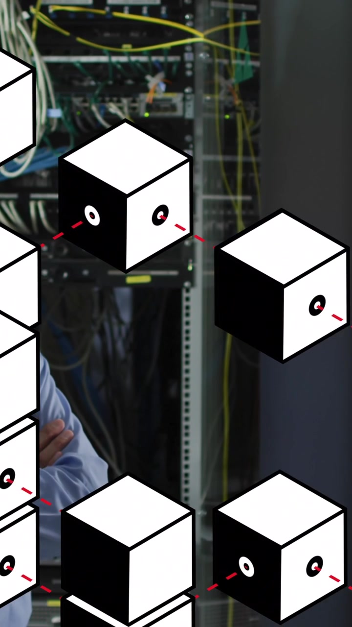 Animated Cubes Representing Data Network in Server Room