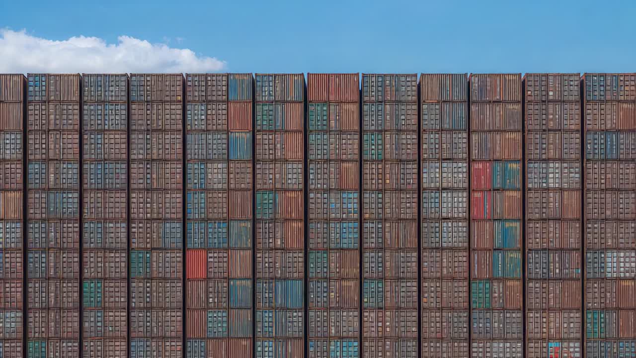 Ricomposizione con spostamento della camera di una parete di container impilati al porto, con porte colorate
