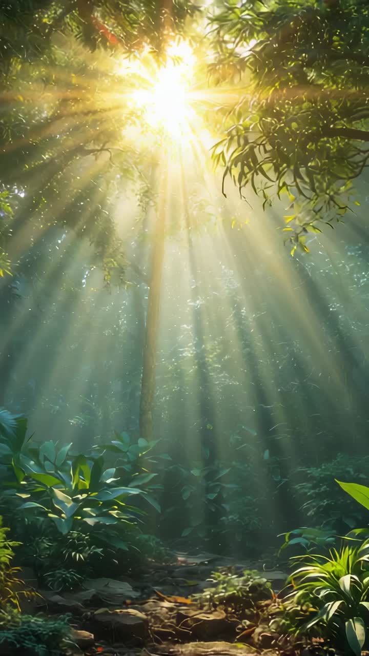 Vertical video: Shifting sun, sunlit shafts streaming through forest as breeze moving backlit vines