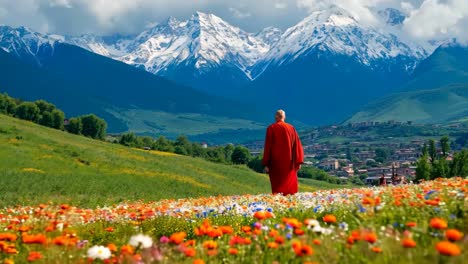 a man in a red robe walking through a field of flowers