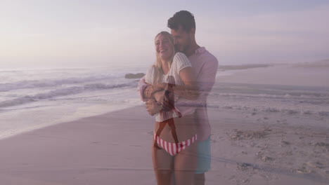 couple hugging on sandy beach at dusk, with animated heart icon and health graph