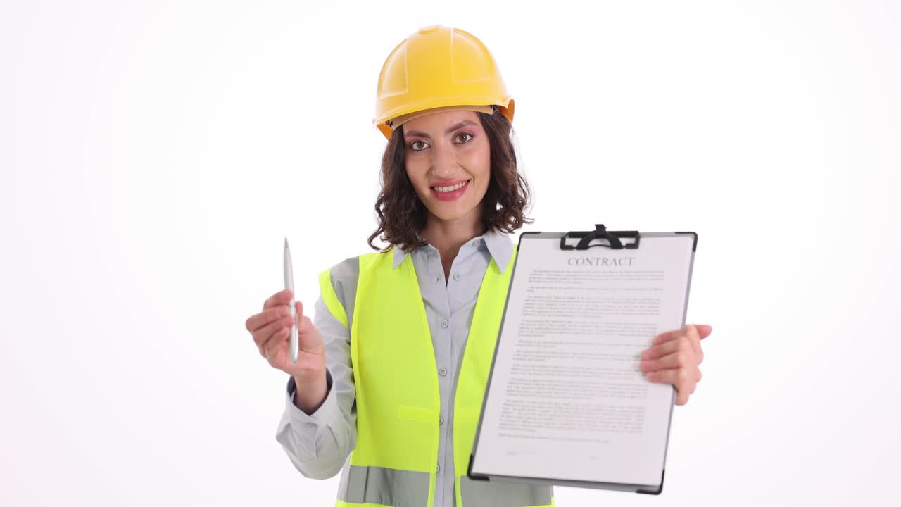 Professional woman in construction attire presenting a contract