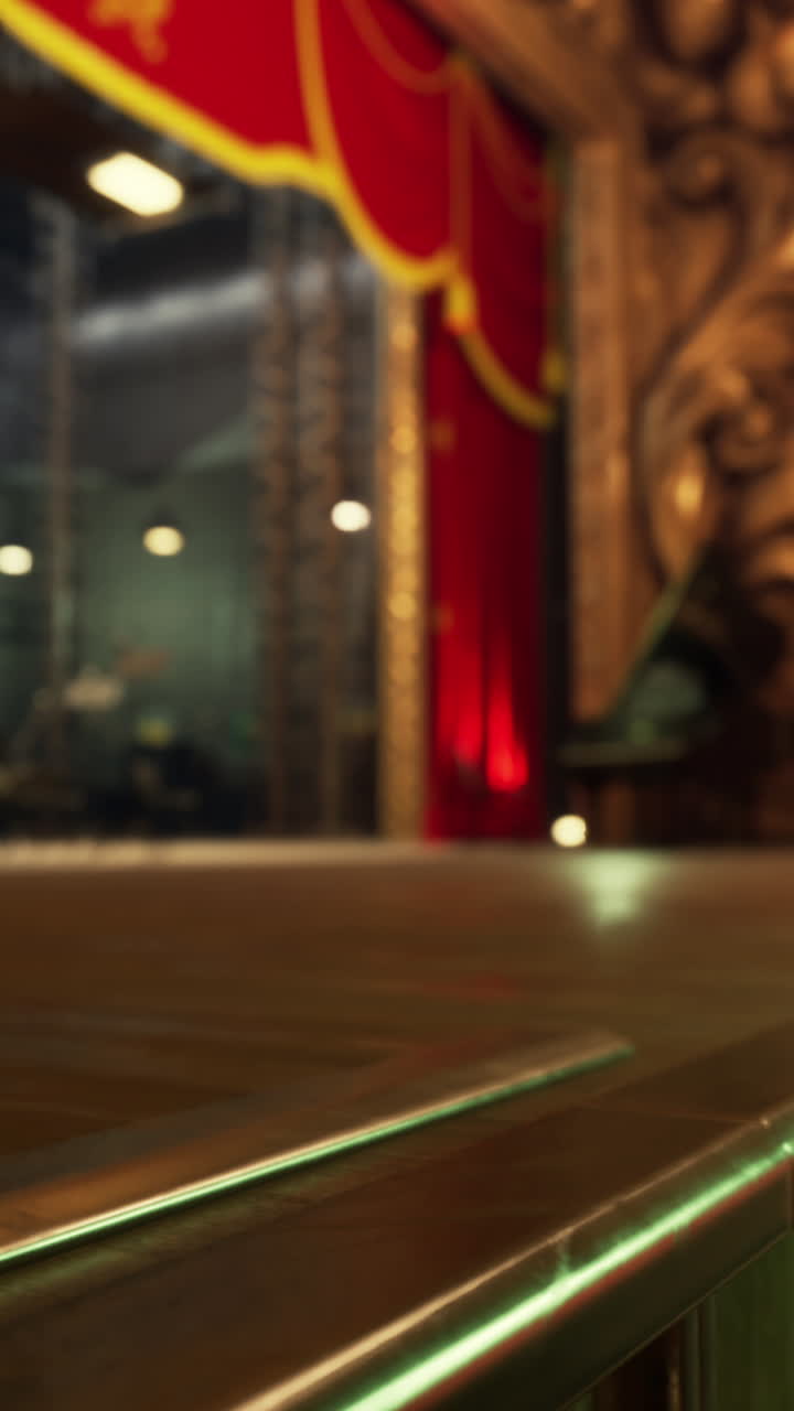 빨간색 커튼과 금색 장식으로 비어있는 무대의 클로즈업