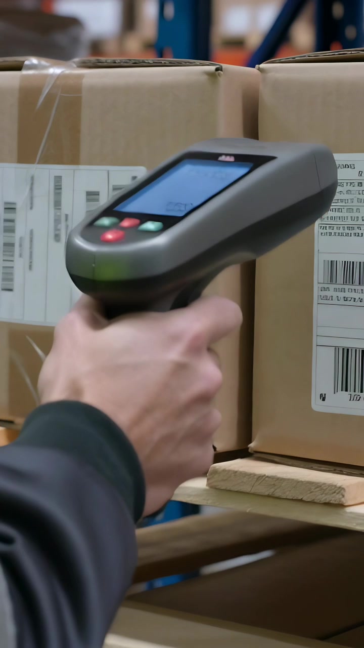 Vertical video: Steadying box, worker in hi-vis scanning barcode with scanner at rack to log stock