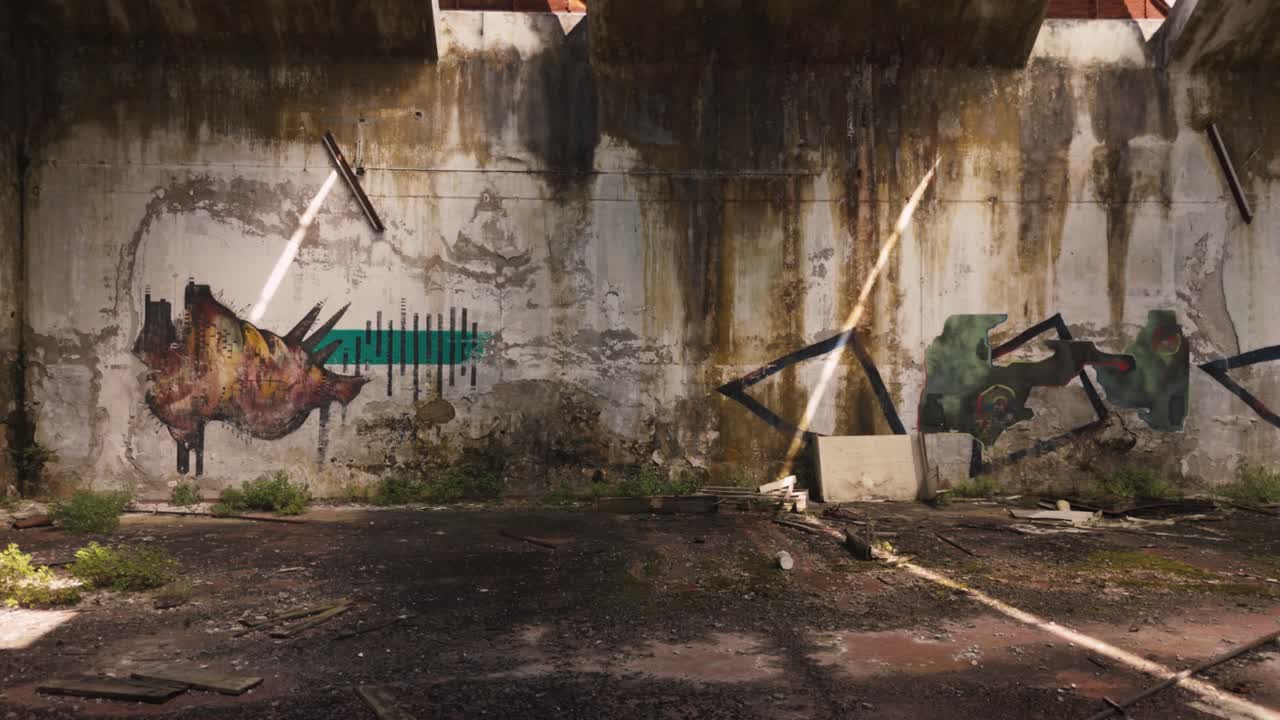 Abandoned building interior with graffiti and urban decay