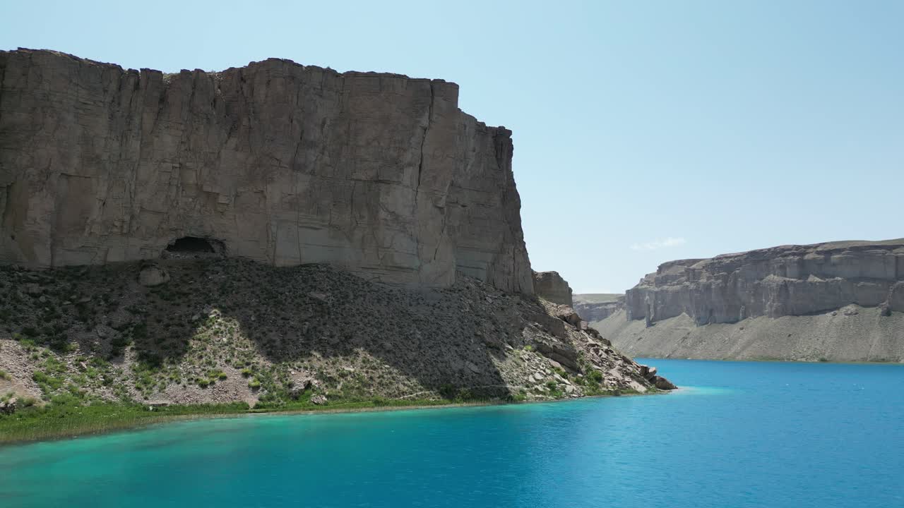Band E Amir Drone Aerial, Afghanistan. Pristine turquoise lake oasis in rocky desert landscape