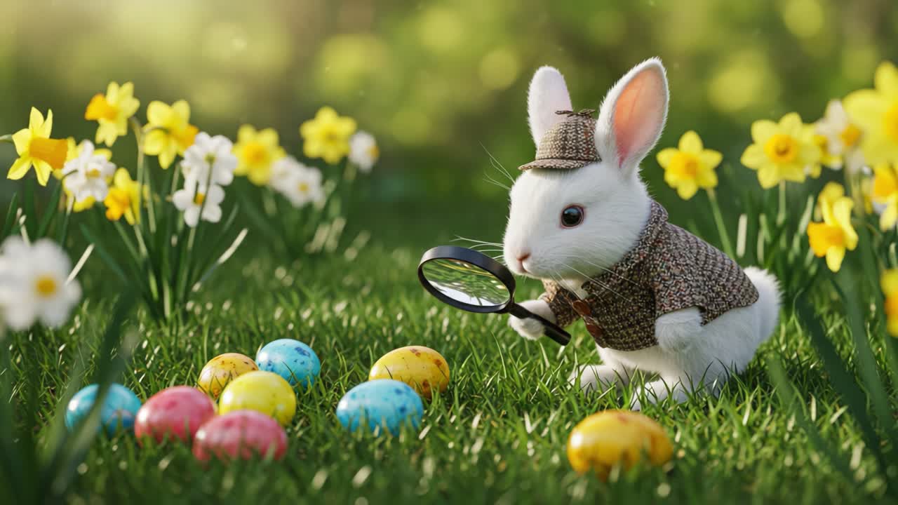 Um coelho detetive curioso em um jardim de primavera vibrante, examinando ovos de Páscoa coloridos em meio a flores e grama verde com uma lupa