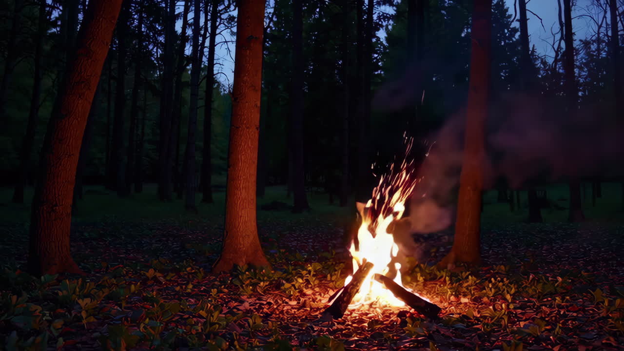 밤 에 숲 에서 캠프 불