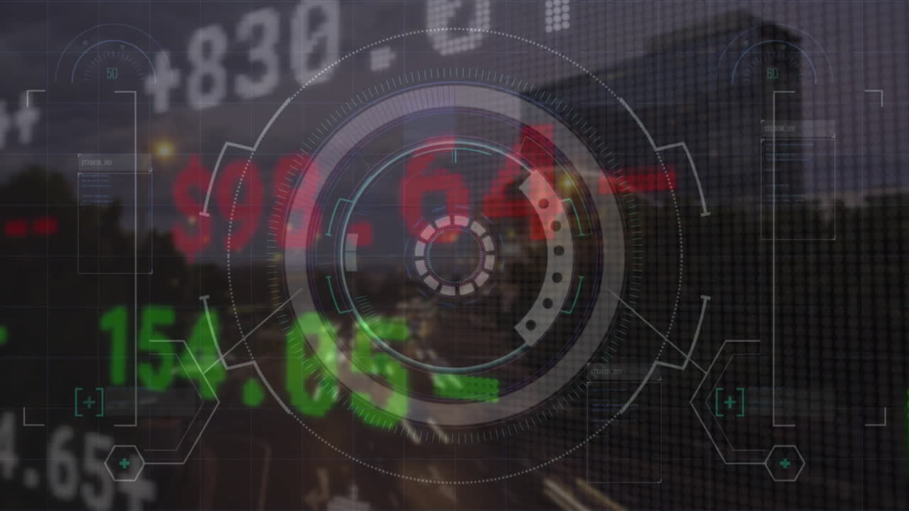 animación del procesamiento de datos financieros sobre el paisaje urbano