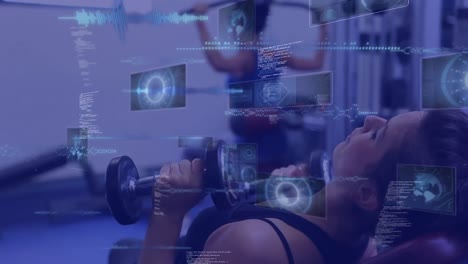 Animation-of-data-processing-over-woman-lifting-weights,-exercising-in-gym