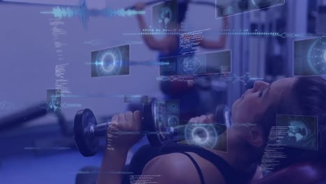 animation of data processing over woman lifting weights, exercising in gym