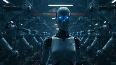 a humanoid robot stands in a high-tech factory, characterized by glowing blue eyes and an intricate design, surrounded by robotic arms in a futuristic, industrial setup