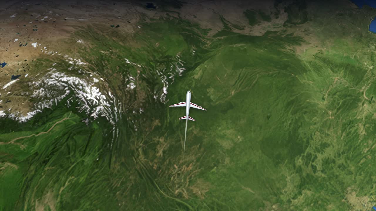 Satellitkortanimation følger et passagerfly, der flyver fra Kuala Lumpur til Miami over kontinenter.