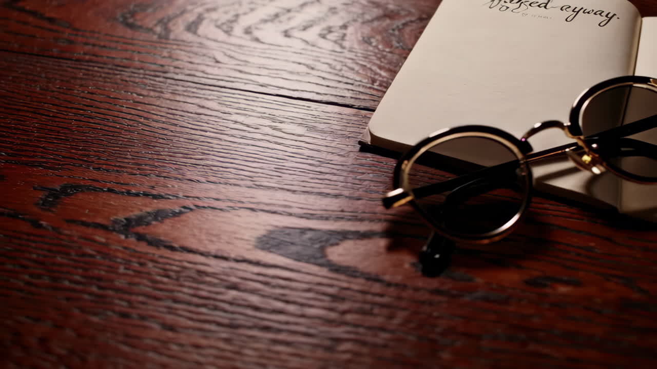 Round Sunglasses on a Notebook on a Wooden Table