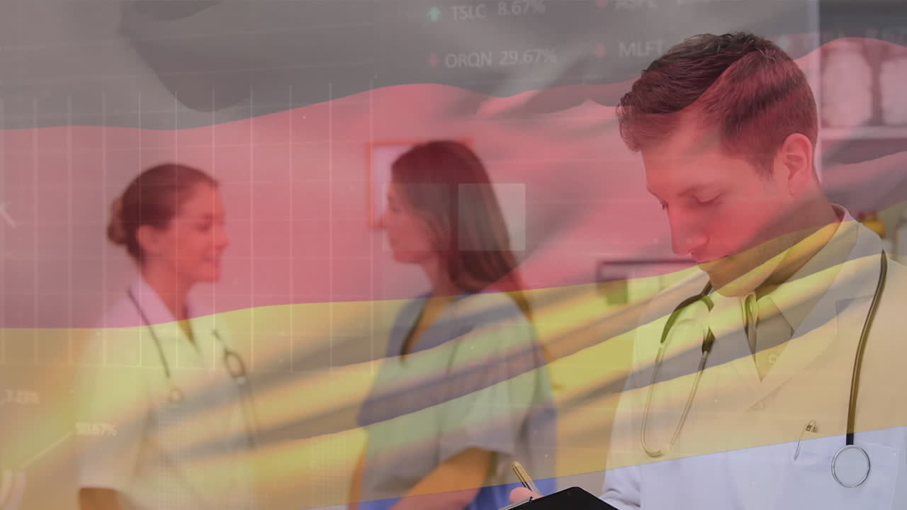 Animation of graphs and trading boards, flag of germany, caucasian doctor writing in notepad