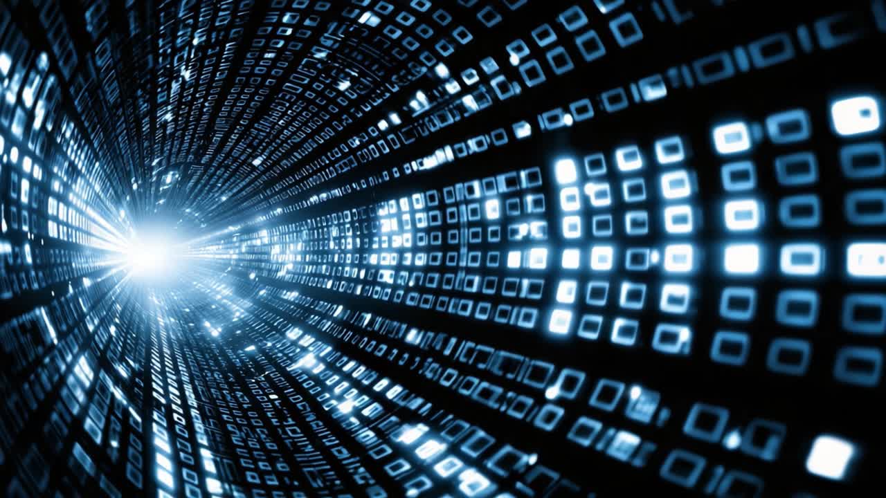 Una Visualizzazione Dinamica del Flusso di Dati Attraverso un Tunnel Binario, che Evidenzia la Velocità e la Profondità del Trasferimento di Informazioni Digitali in un Ambiente Futuristico