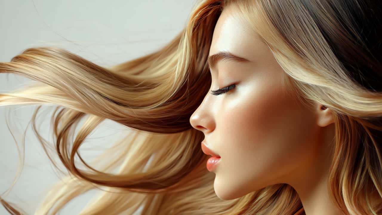 A woman with long blonde hair is shown in a close up. The hair is long and flowing, giving the impression of a beautiful, healthy head of hair. The woman's face is also shown