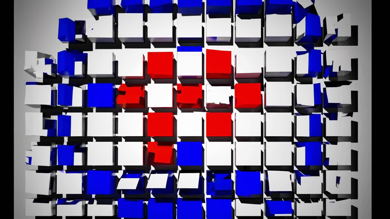 Red and blue cubic shapes exploding from a white grid creating a dynamic color shift and a visually striking effect, perfect for technology, innovation, and disruption related themes