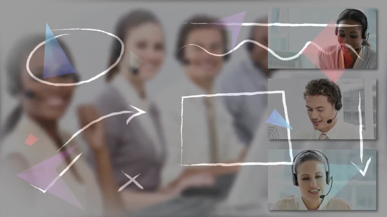 animación de iconos digitales sobre pantallas con gente de negocios usando auriculares de teléfono