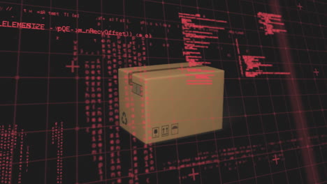 Data processing on grid network over delivery box falling against black background