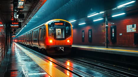 bright subway train arriving at foggy urban station during night